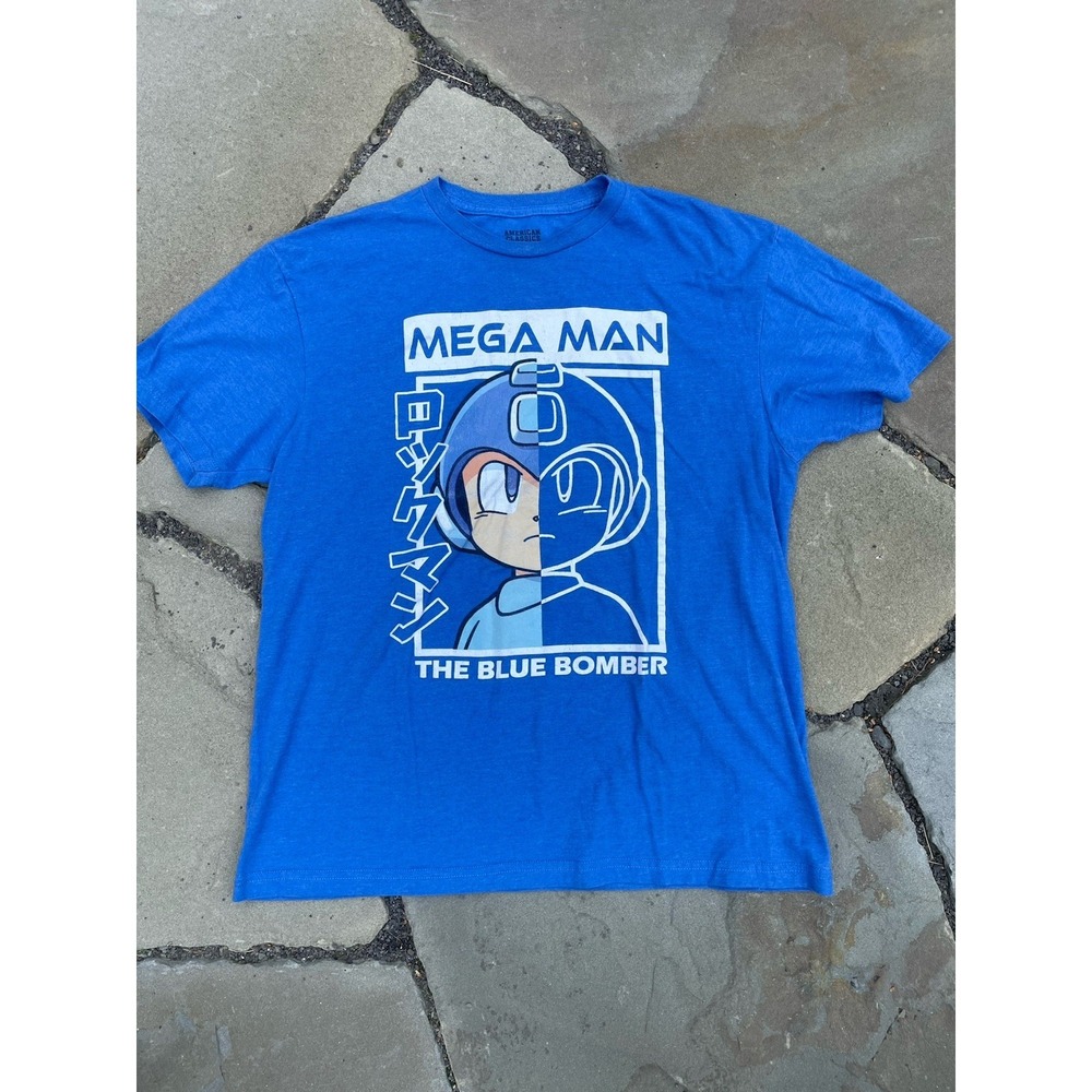 Mega Man T-Shirt Half Color Half Outline Mens Official CapCom Sz L Royal Heather
